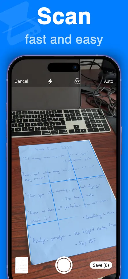 Document Scanner — capturing a page with automatic edge detection, exporting to PDF, the Face ID lock screen, and the saved documents list