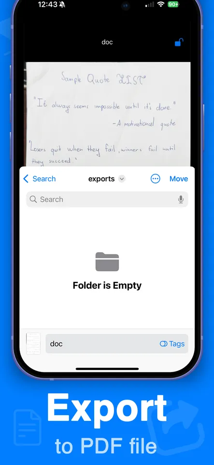 Document Scanner — capturing a page with automatic edge detection, exporting to PDF, the Face ID lock screen, and the saved documents list