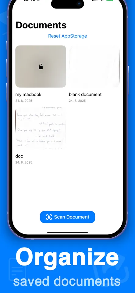 Document Scanner — capturing a page with automatic edge detection, exporting to PDF, the Face ID lock screen, and the saved documents list